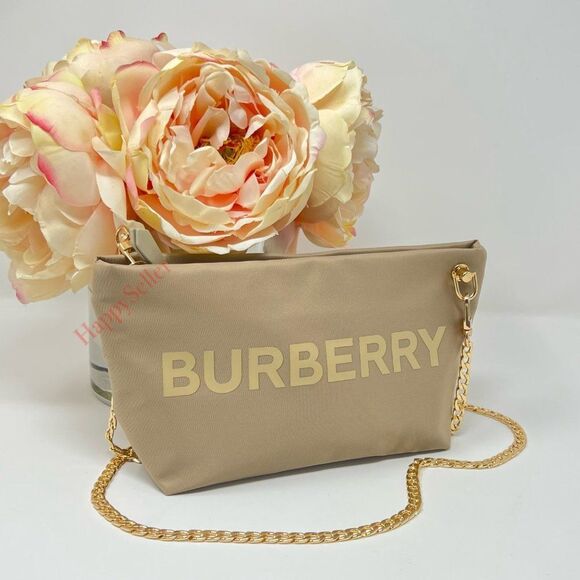 Burberry Pouch Crossbody Purse Cosmetic Organizer Tan Gold Makeup Case Dopp Kit